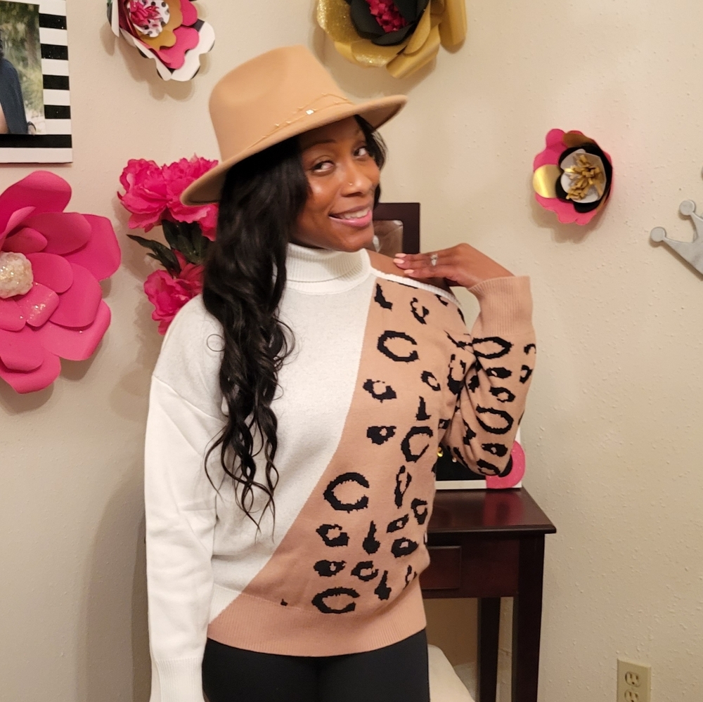 Off the shoulder turtleneck cheetah sweater